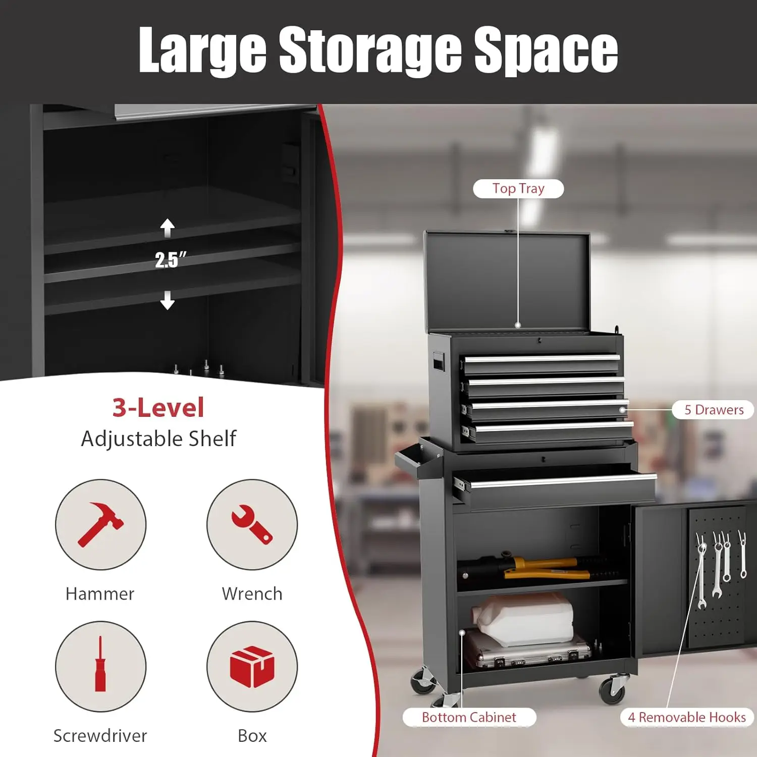 Black Garage Metal Toolbox Cabinet Trolley Professional Workshop Tools Box 8-Drawer Tool Cart with Wheels