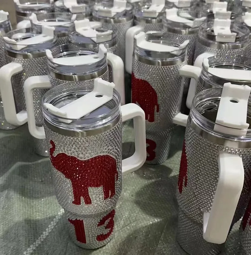 Bling 40oz tumbler with handle Rhinestone Diamond Straight Cup the Cow Pattern Water Bottle with Lid and Straws