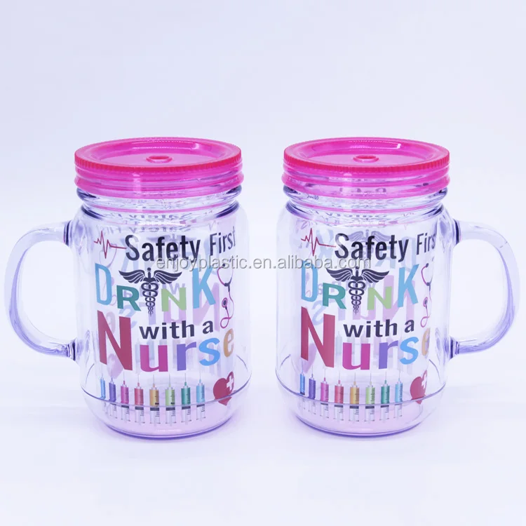 Wholesale Customized Plastic double wall snow globe 20oz plastic mason jar with handle and straw