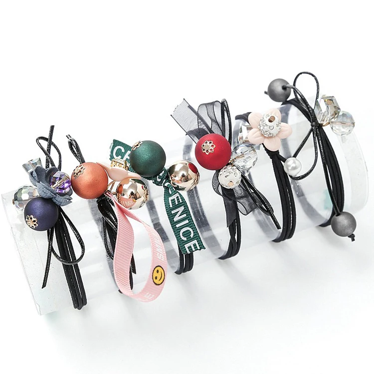 wholesale 6-pcs set  new version  rhinestones beads hair ties  girls  elastic band hair rope scrunchies