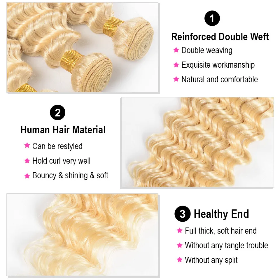 
human hair extensions 613# deep wave brazilian virgin hair bundles double weft cuticle aligned virgin hair 