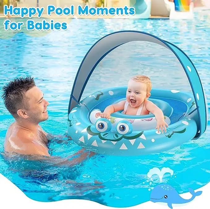 Baby pool float with removable sun umbrella canopy for the 6-12-24 months infants durable infant swimming ring adjustable seat U