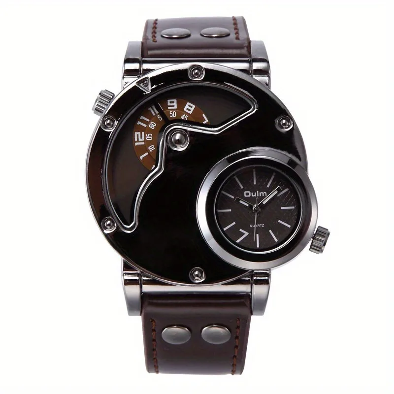 Stylish Mens Wristwatch with Durable PU Leather Strap Dual Time Zone Sports Quartz Watch