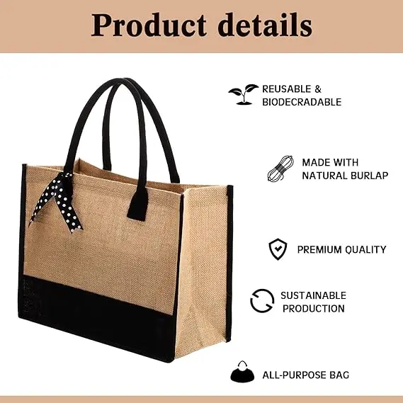 Promotional Eco Travel Bridesmaids Birthday Gift Shopping Reusable Burlap Black Tote Cheap Jute Bags
