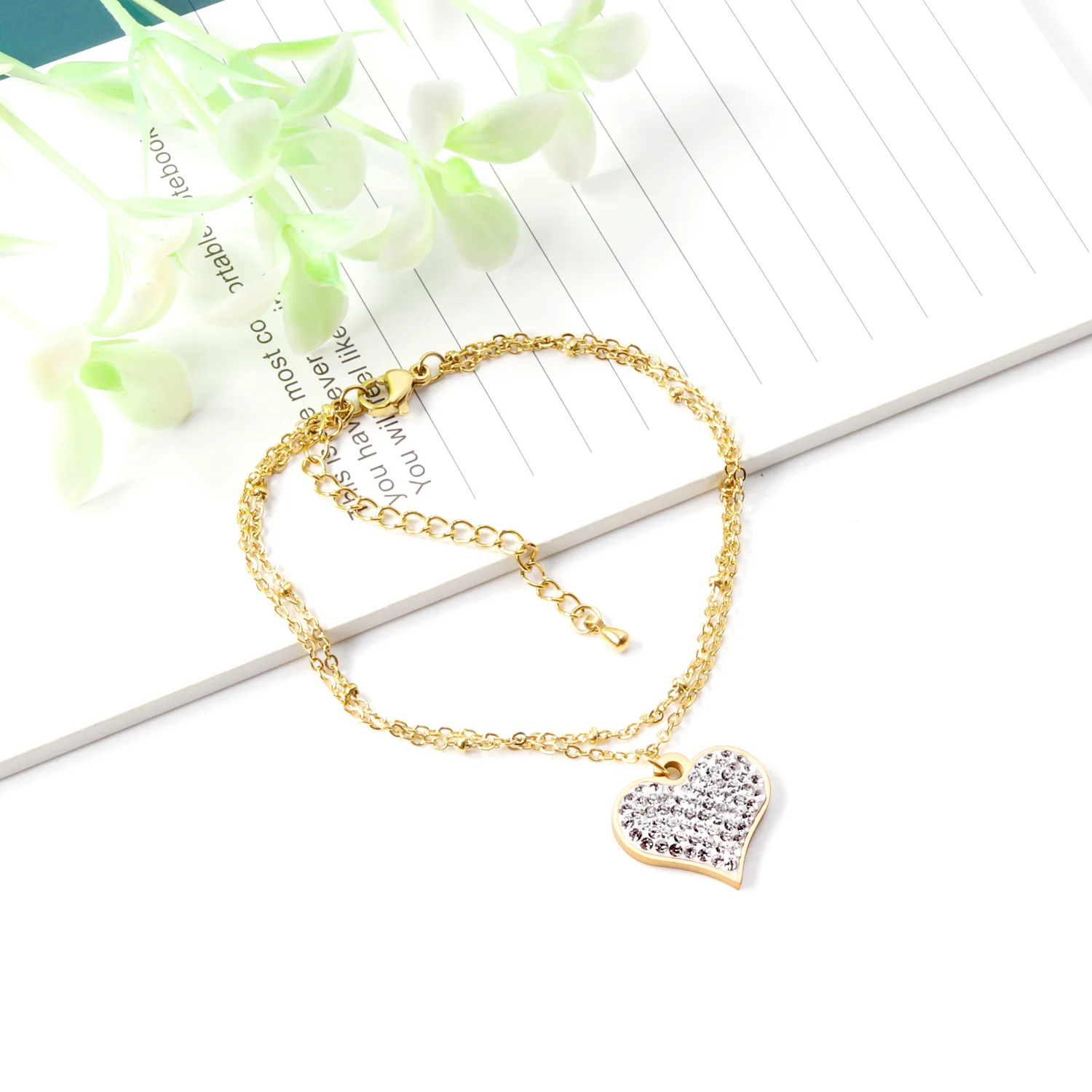 Silver Gold Plated Adjustable Expandable Heart Diamond Pendant Cuff Charm Bracelet Bangles For Girl Women