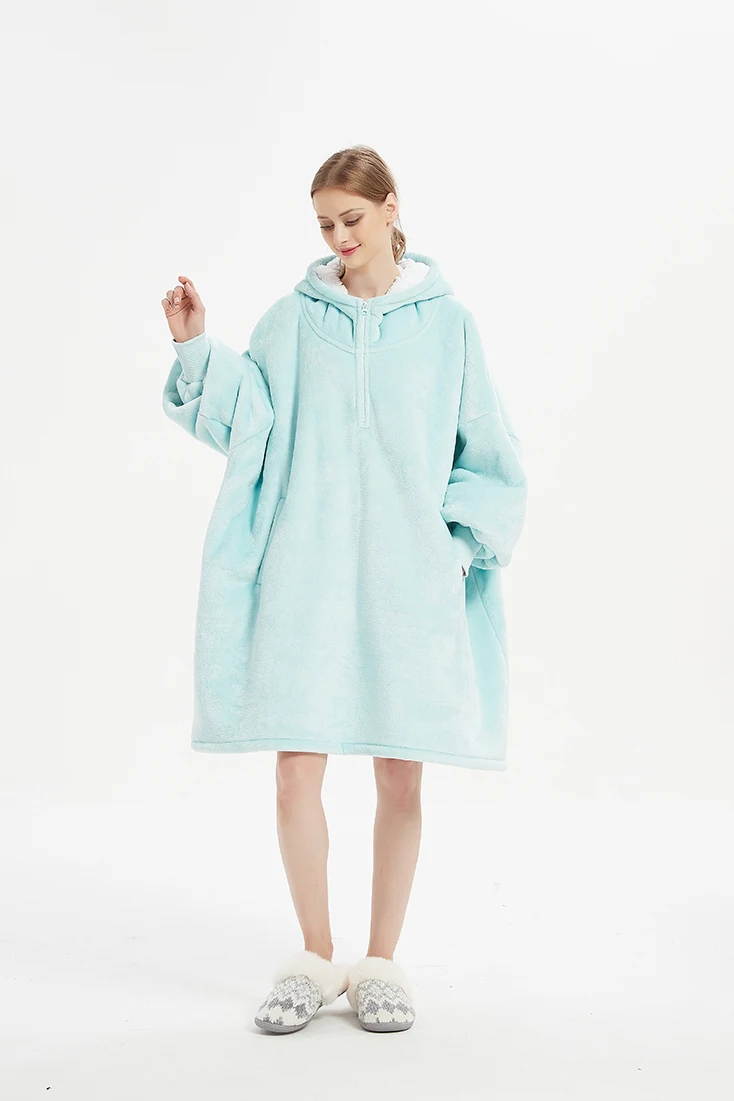 Factory Customize Warm Fleece Blanket Hoodie Zipper Big Hooded Blanket With Sleeve Oversize Adult Blanket Sweater For Women Men