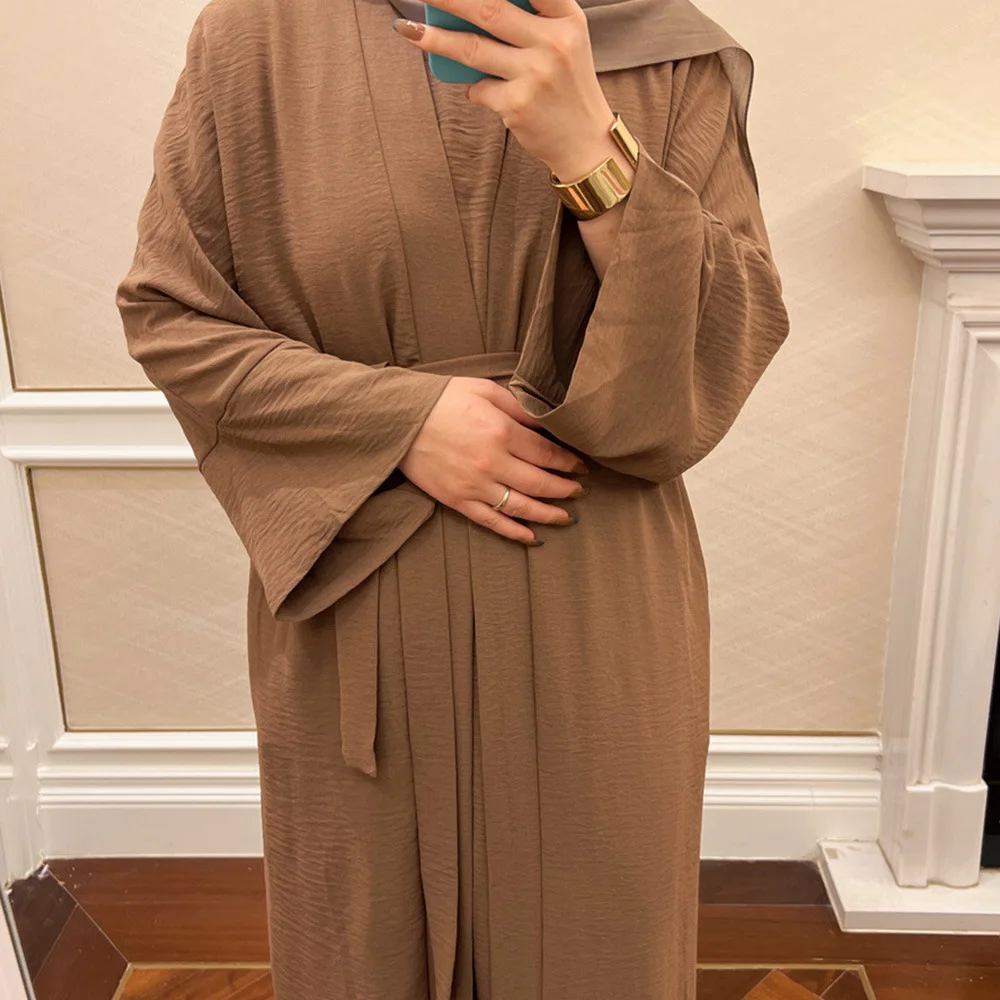 Fashion Popular Turkey Middle Middle Earth Solid Color Lace-Up Dress For Ladies Muslim Dress Two-Piece Outfit