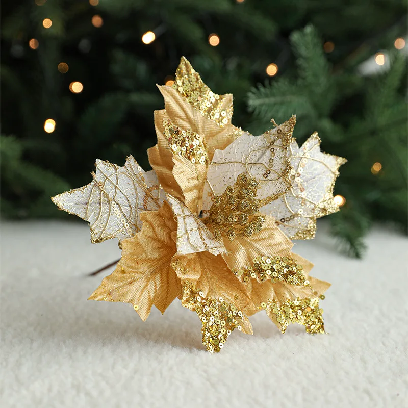 Sequin Christmas Artificial Flower 20cm Red Christmas Flowers Poinsettia Flower Christmas Artificial