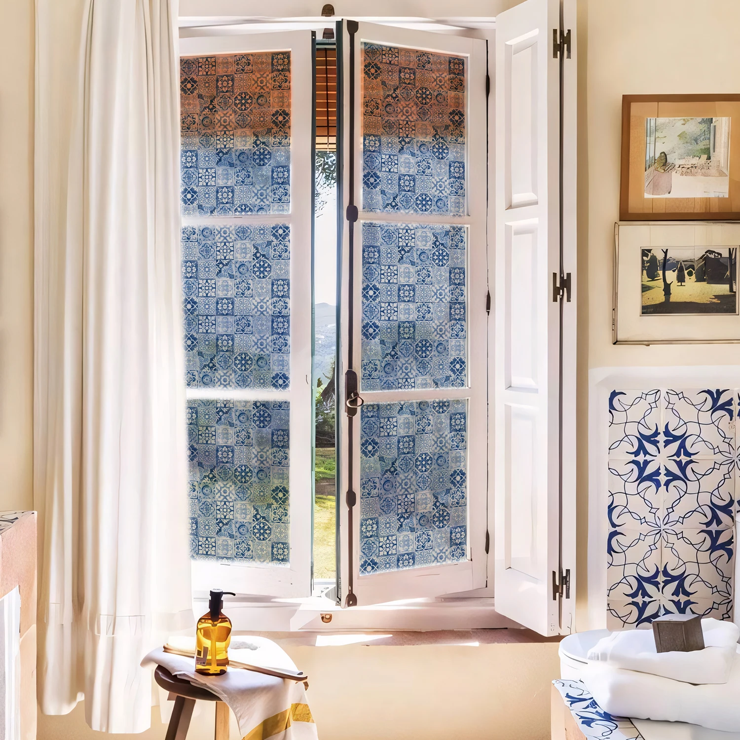 Funlife Blue And White Porcelain Films Self-Adhesive Bedroom Home Decor Sticker Peel & Stick Privacy Static Clings Glass Decals