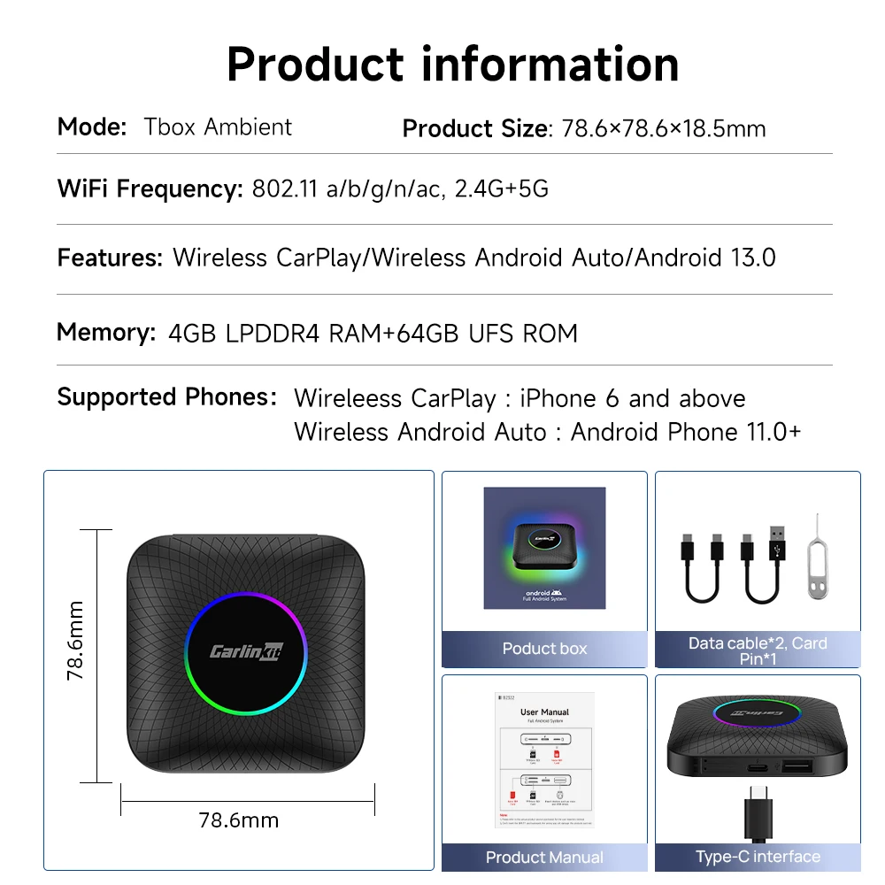 HOT Carlinkit usb carplay android 13 portable 4G+64GB ai box smart android auto car gadgets ai universal wireless carplay