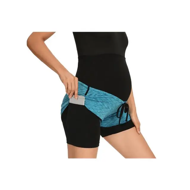 Hot Selling Over Belly Double Layer Maternity Yoga Shorts With Invisible Pockets