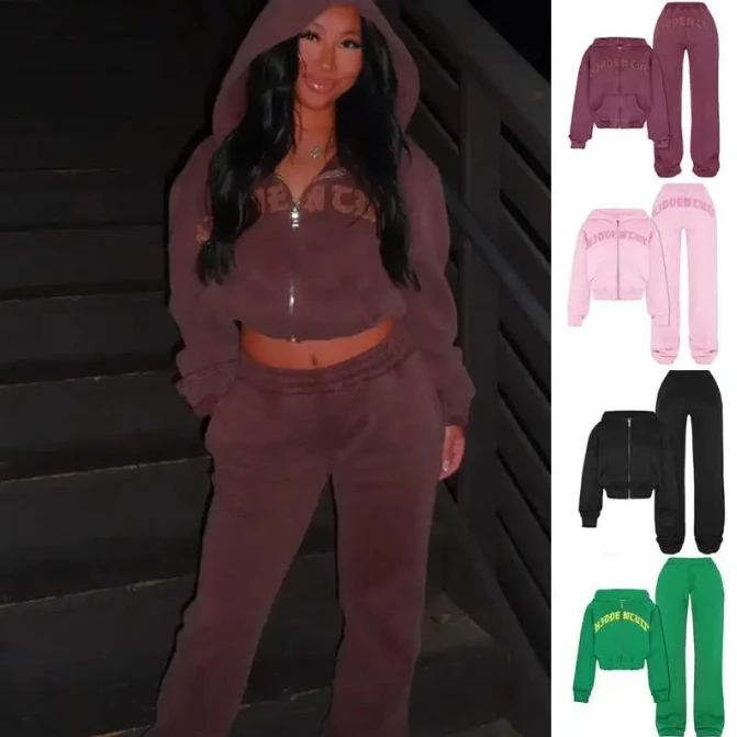 X16596C Casual Letter Embroidery 2 Piece Sets Women Hipster Long Sleeve Zip-Up Hoodie and Sweatpants Matching Autumn Tracksuits