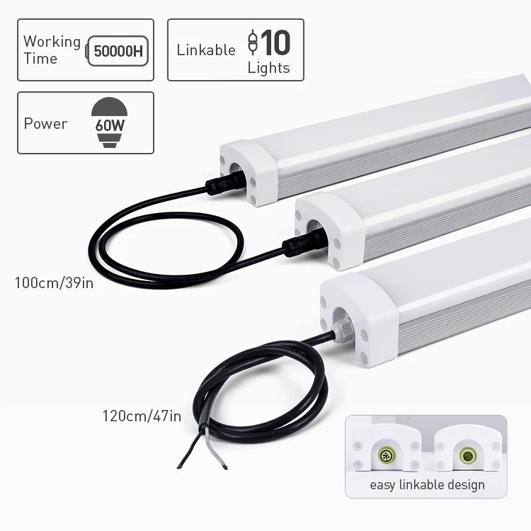 Warehouses led triproof lamp 4ft 8ft 30w 40w 60w Aluminum Linkable IP66 IK10 led tri-proof light
