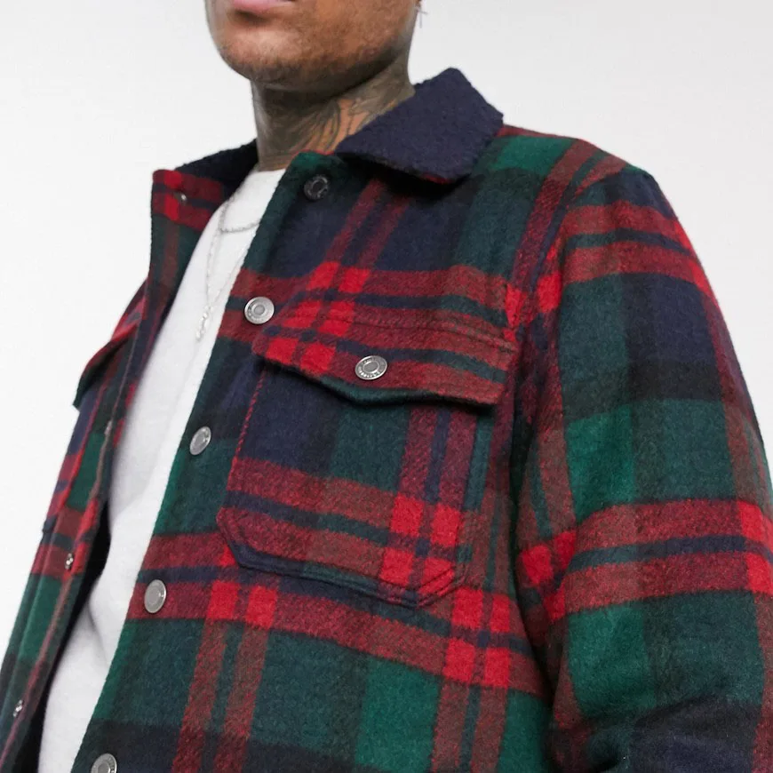 Custom logo mem fashion press-stud fastening borg collar plaid overshirt sherpa fleece check jacket