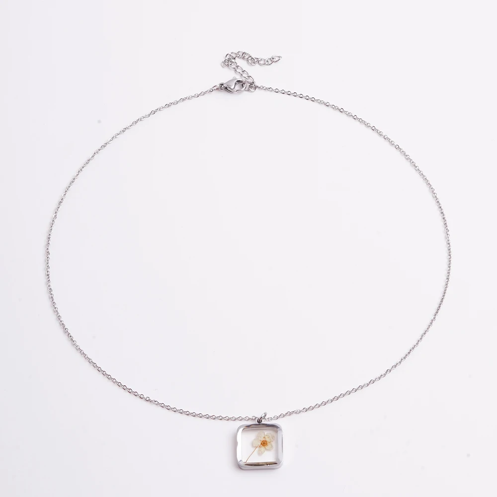 Fashion Jewelry Stainless Steel Chain with Square Orchid Glass Pendant Necklace