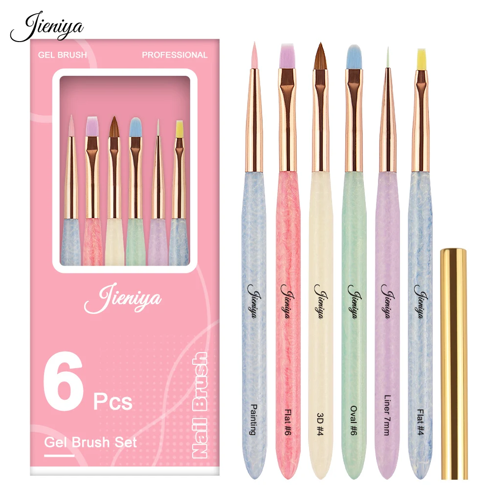 Factory price boxed multicolor gel texture plastic handle nylon hair 6 pcs gel brush set liner 3D painting brushes