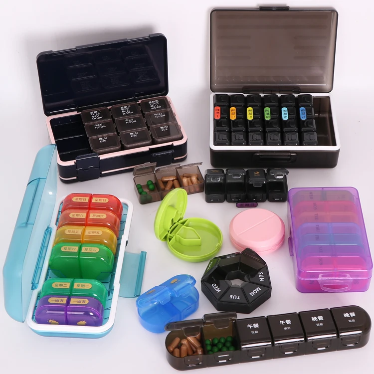 Yuzmei 7Day Pill Planner Organizer 28 Compartment Portable Case Plastic Capsule Case Pill Dispenser Medicine Cutter Crusher Box