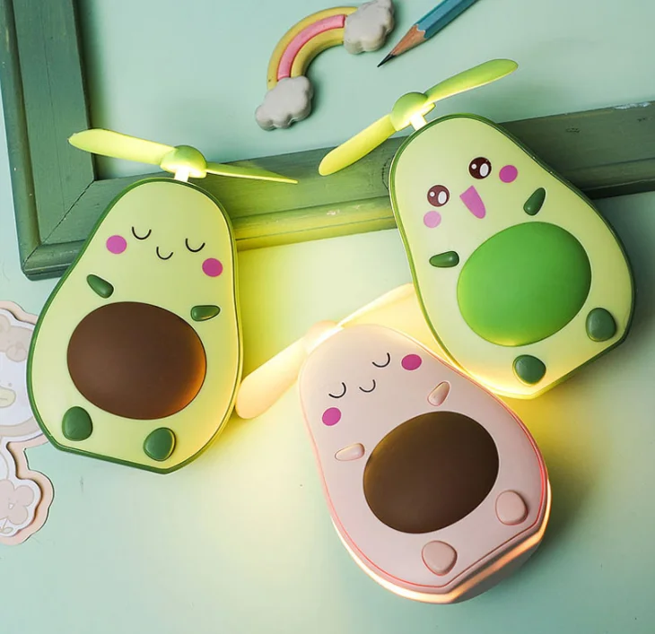 Cute Avocado USB Charging Portable Handheld Mini Fan with Portable LED Fill Light Makeup Mirror Fan