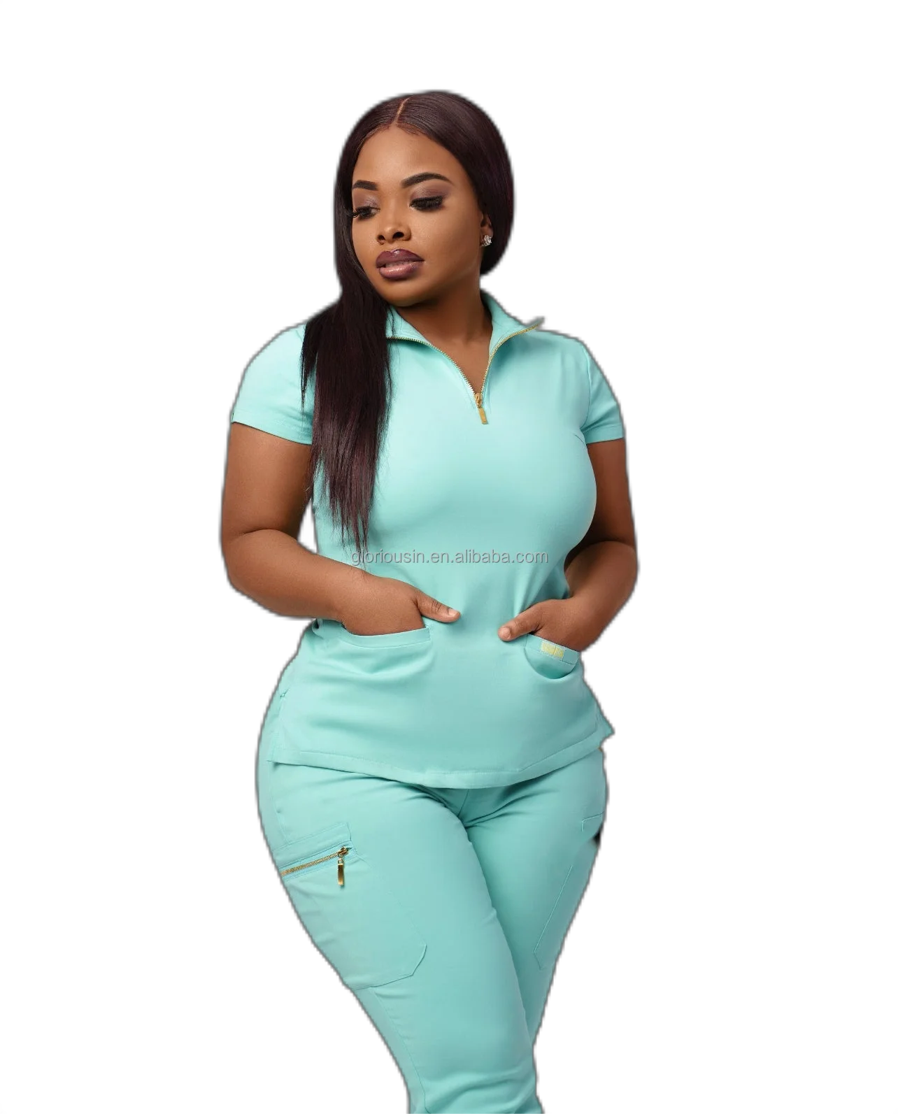 GloriouIn Female 2023 New Style Fashion Zipper Pullover GloriousIn RTS Scrub 2023 Salon Ot Health Care Uniform Male Ceil Blue