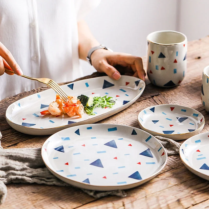 Japanese Hand-colored geometric tableware Color Printing Ceramic Tableware Snack Dish Salad Plate