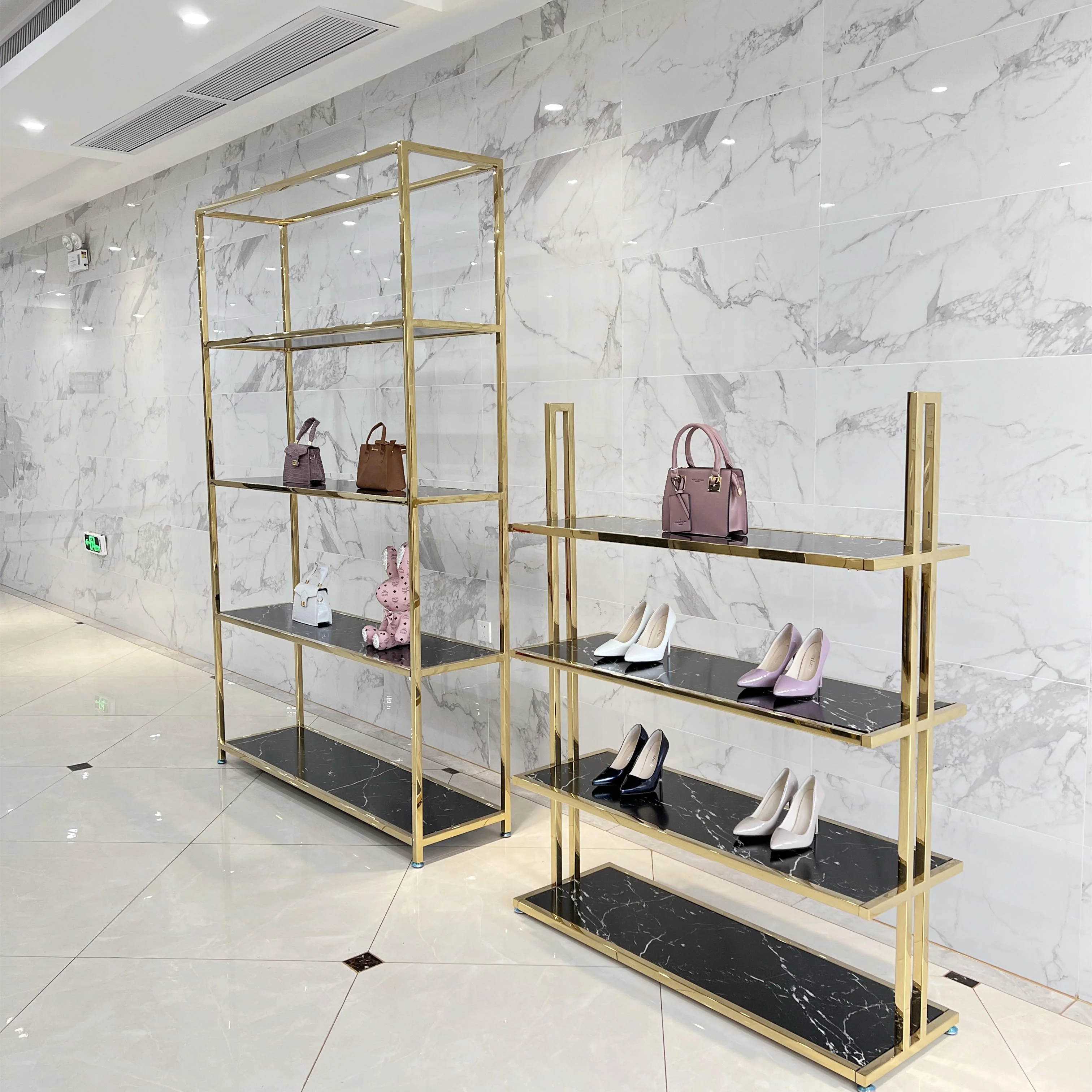 Large 4-Layer Stainless Steel Gold Marbling tiered space saving cloth lingerie shoe showroom display rack for handbags retail