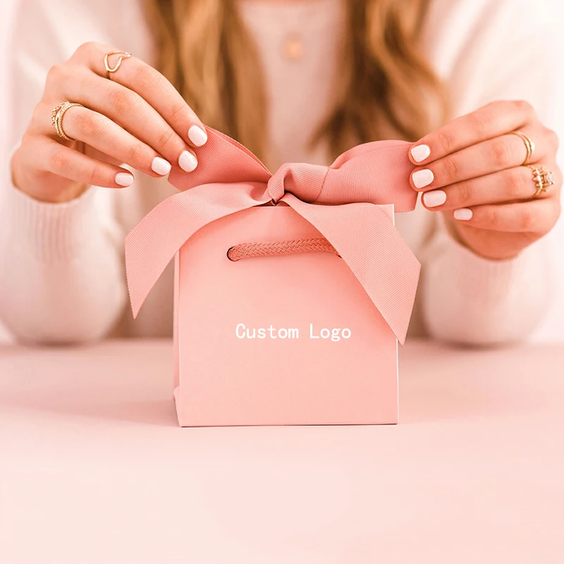 Luxury OEM Jewelry Paper Bag Custom Logo Printing Small Wedding Gift Shopping Jewelry Packaging Paper Bag with Ribbon