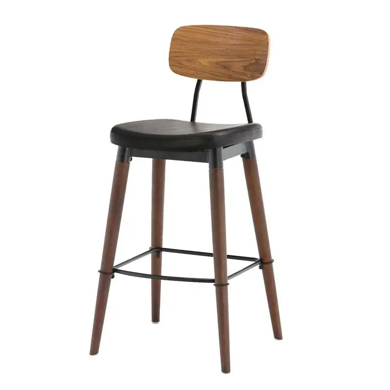 Copine Walnut Plywood Back High Bar Chair Black Matt Powder Coated Steel Frame Leather Bar Stools