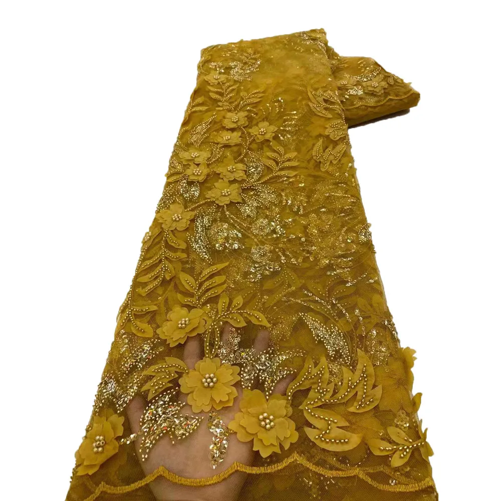 Beautifical Gold lace appliqued handmade beaded lace french embroidery for dress ML76N363