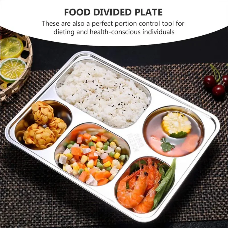 Durable Plate For Outdoor Camping Dinning Room Picnic Barbecue School Rectangular Divided Tray 304 Stainless Steel Dinner Plate