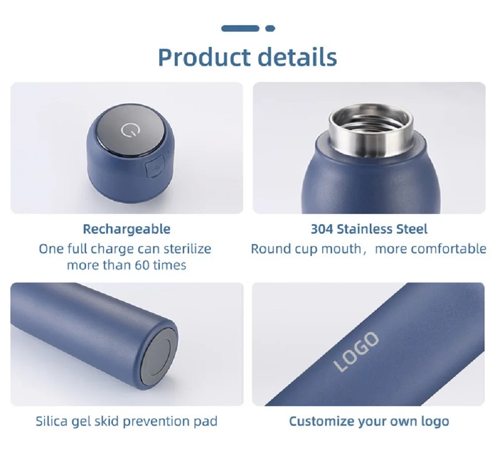 Free shipping stainless uv water purifier and self cleaning water bottle rechargeable with smart screen