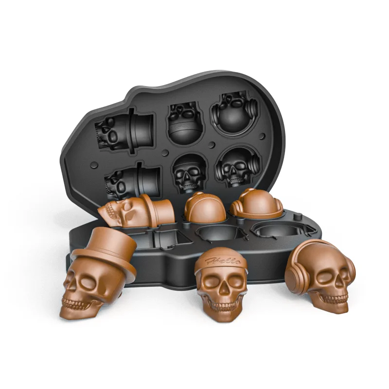 6K5 Wholesale Custom Cool Designer Cocktail 3D 6 Skull Ice Cube Mold Tray Container With Lid
