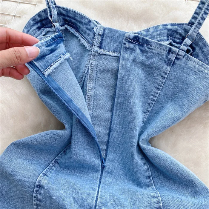 Spring Korean-style Outfit - Sweet Tied Belt Denim Skirt with Slim Fit Short Strap Dress for Women Exuding an Elegant Atmosphere