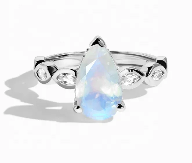 High Class Natural Moonstone 926 Sterling Silver Teardrop Shape Natural Moonstone Engagement Ring