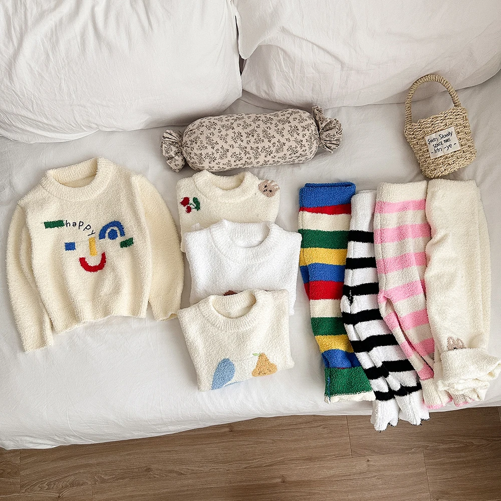 Purorigin Wholesale Cute Design Soft Terry Fluffy Winter Pyjamas Color Stripe Pullover Kids Pajamas Set 2 PCS With Long Pants