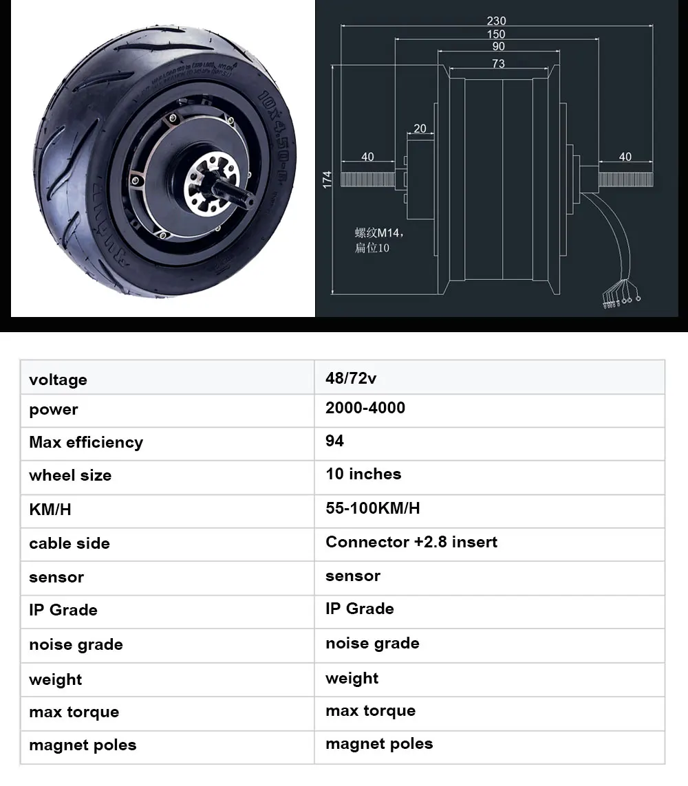 10 inch 48v 72v 2000w 5000w 100km/h high speed fat tire hub motor for electric scooter