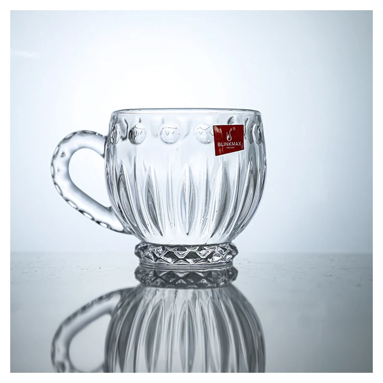 Blinkmax handle transparent custom engraved dimpled glass tea mug simple drink logo round mouth light luxury creative glass cup