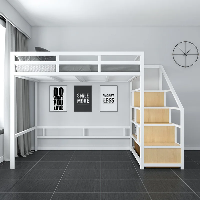 Simple Style Apartment Use Iron Loft Bed With Stairs Metal Heavy Duty Steel Metal Double Loft Bed