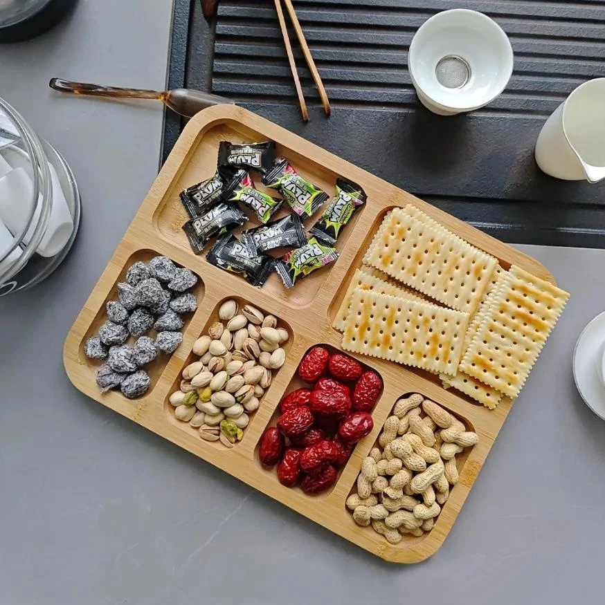 Customized Fruit Snacks Tray 6 Serving Plate with Dividers Wood Bamboo Portion Plates Food Cheese Platter