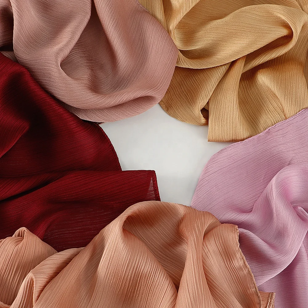 Hemming edge Satin Crepe Tudung Ladies Crinkle Plain Color Silk Long Scarf Shawl 120G/PIECE