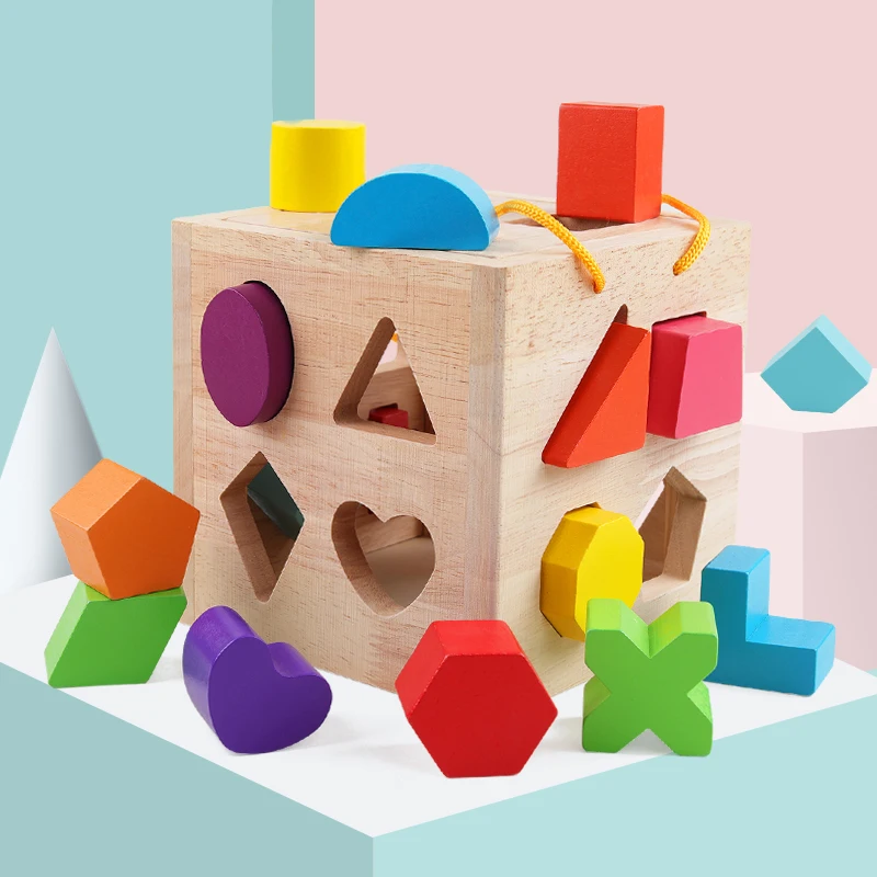 Wood Geometric Shape Blocks and Sorter Sorting Cube Box  Building Blocks Puzzles Educational Toys For Toddler Preschool Children