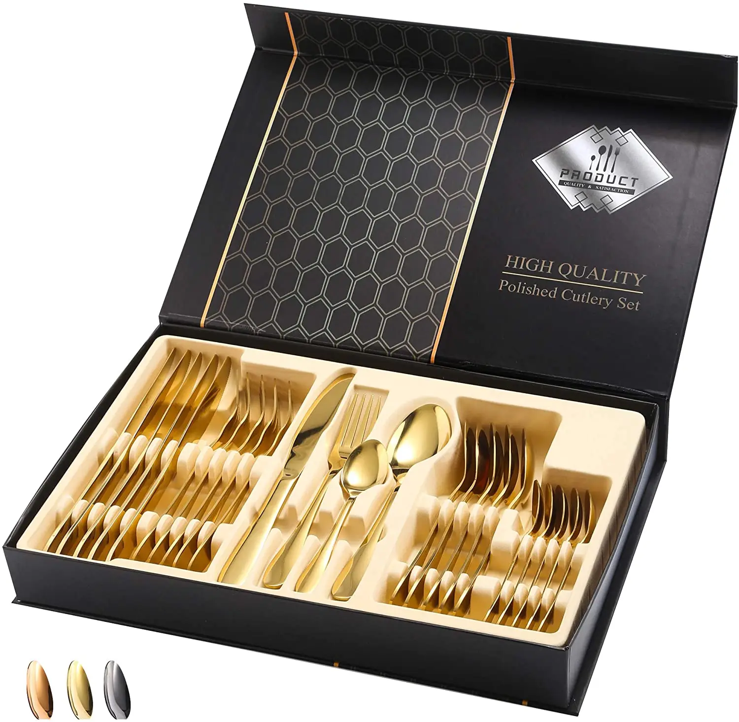 High Quality Gold Matte Plated Stainless Steel Knives Forks Spoons Silver Finish Brushed Flatware 24 Pieces Gold Cutlery Set
