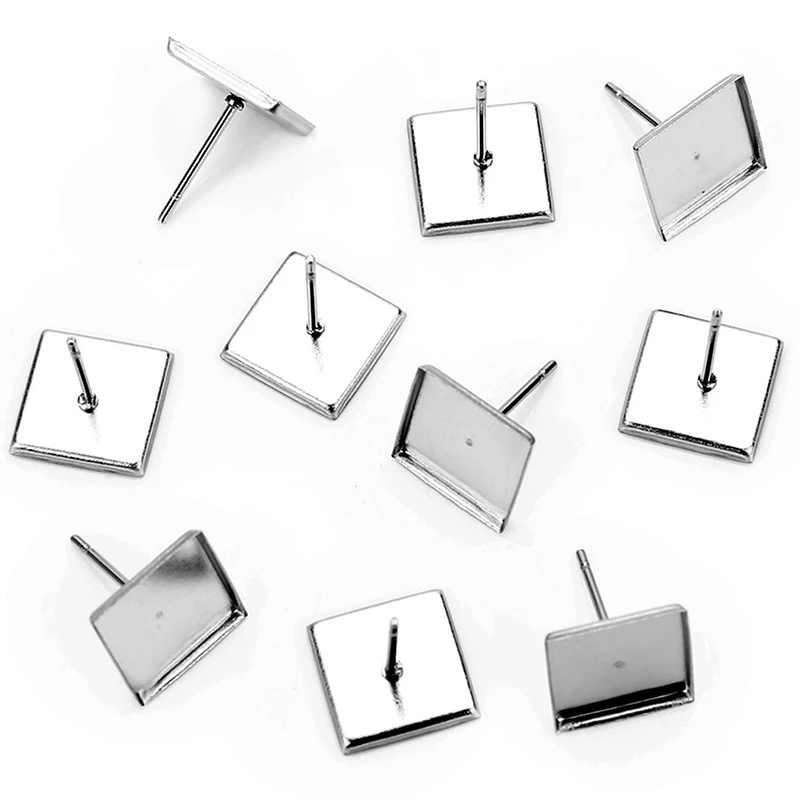 Stainless Steel Square Ear Studs Fashionable Woman Earrings Accessories Blank Base Fit 9.8mm Cabochon Glass DIY Jewelry Making