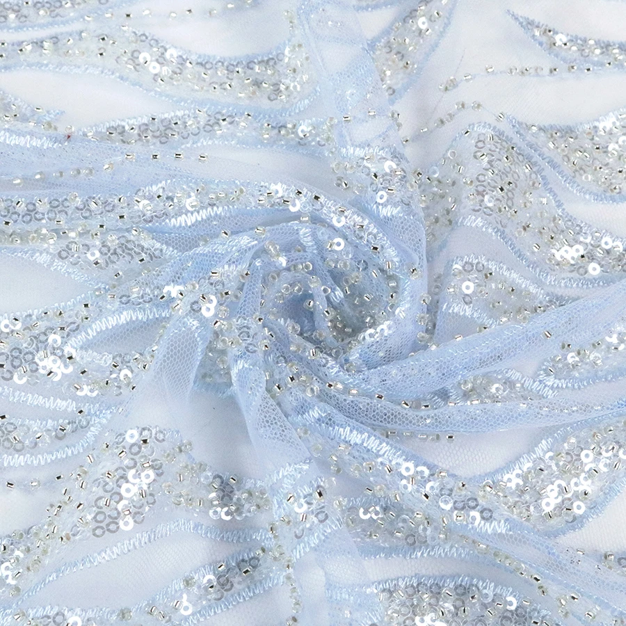 Polye Mesh Party Wear Dresses for Women Textile Fabric on Korea Wholesale Sequin Beaded Lace White Lightweight Knitted BEADING