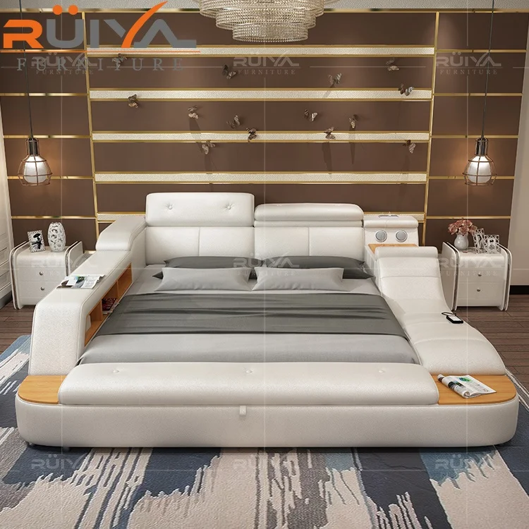 intelligent smart bed Luxury italian bedroom furniture set modern functional king size leather bed with storage