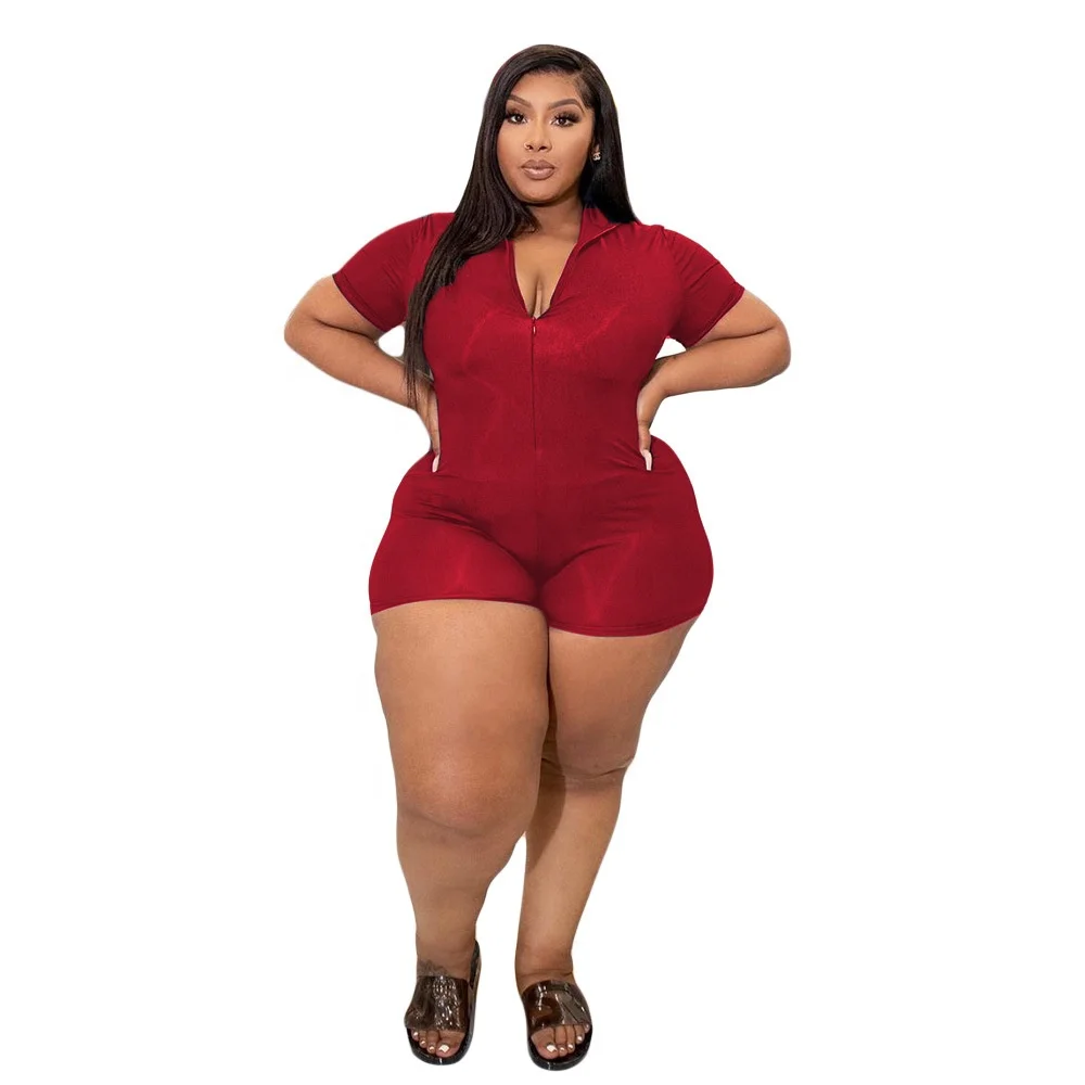 Plus size women clothing solid color zipper up jumpsuit one piece shorts rompers plus size jumpsuits for women