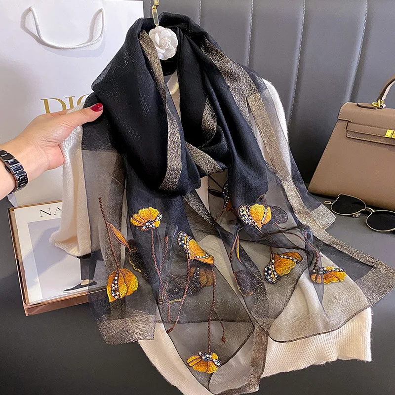 Ready to ship 2024 spring summer ladies silk wool blend scarves elegant floral Embroidery Silk Shawl Scarf for Weddings