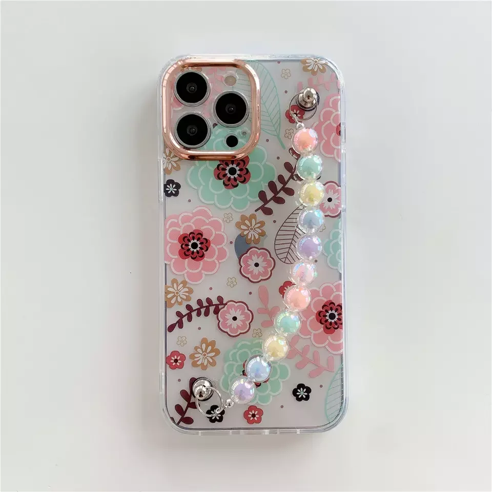 Жесткий чехол-накладка с жемчужными цепочками и браслетом на запястье для IPhone 13 11 12 Pro Max цветочным