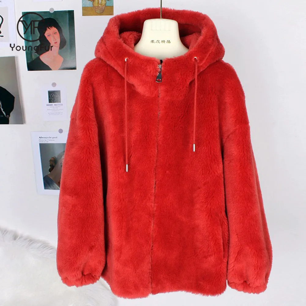 Women Elegant Warmer Lamb Sheep Fur Leather Shearling Jacket Coat with Hood