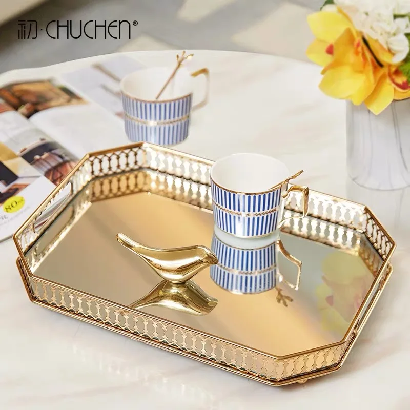 Hot sale home decor metal mirror tray rectangle round Vanity Luxury Jewelry Perfume Mirrored Tray