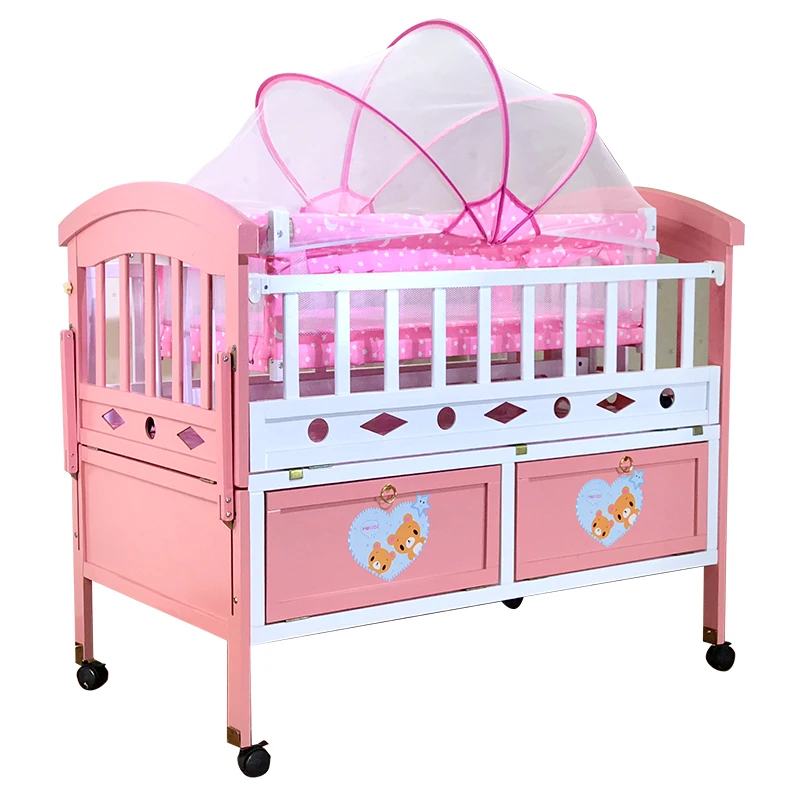 girls baby bed pink color Three gears to adjustable large size wooden baby crib playpen crib for baby